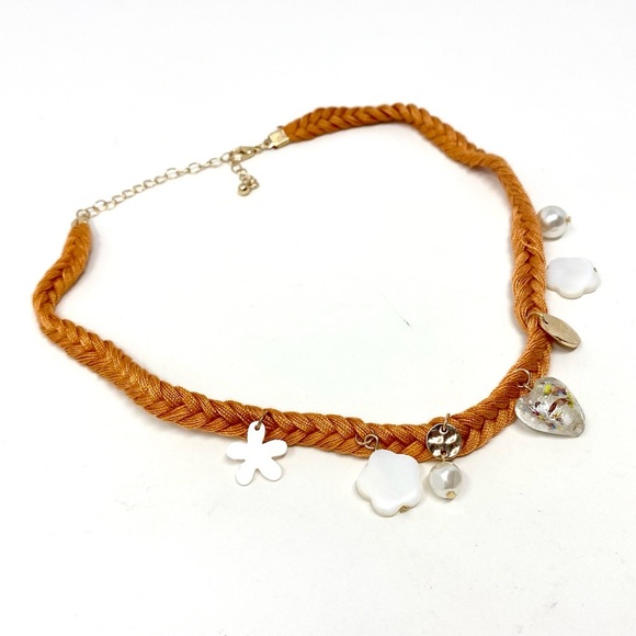 New Free People Orange Textile Charm Beaded Necklace Choker - Picture 3 of 5